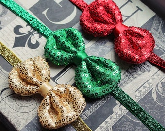 3-Pack Glittering Sequin Bows in Red, Green & Gold - Available on Headbands or Clips