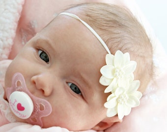 Ivory Newborn Double Flower Headband - Tiny Baby Hair Bow with Mini Flowers & Pearls - Petite Christening Baby Headbands
