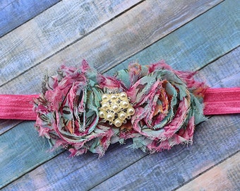 Summer Floral Headband - Baby Girl Raspberry & Aqua Blue Shabby Chic Hair Bow