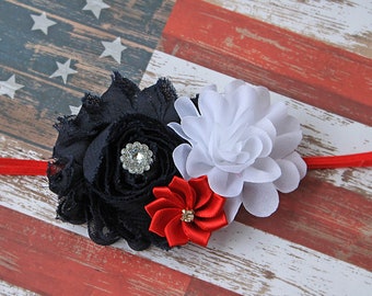 Serre-tête American Trio en bleu marine, rouge et blanc - Noeud pour cheveux bébé fille célébration du 4 juillet