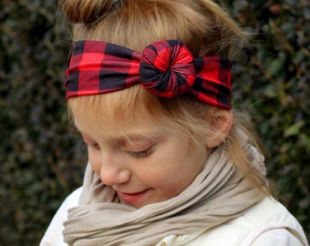 Girl's Buffalo Plaid Headband - Red & Black Christmas Headwrap for Babies, Girls, Women