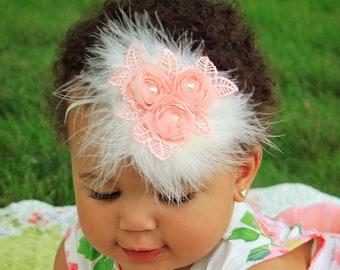 Pink Newborn Headband - Delicate Flowers and Feathers in Blush Pink & White Feathers