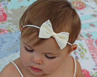 Classic Ivory Lace Baby Bow Headband