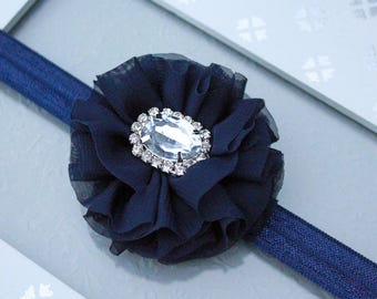 Navy Blue Chiffon Dress Headband - Baby Girl Flower Hair Bow in Classic Navy Blue - Dark Blue Flower Headband for Babies and Toddlers