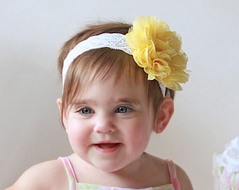 Lacey Lemon Baby Girl Headband - Light Yellow Lace Flower Hair Bow for Girls