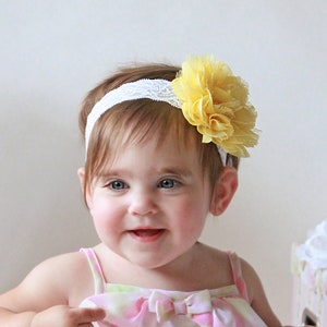 Lacey Lemon Baby Girl Headband - Light Yellow Lace Flower Hair Bow for Girls
