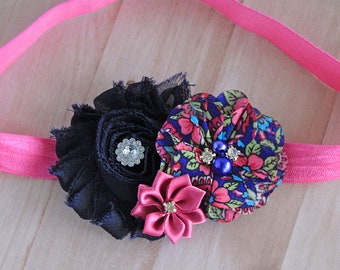 Navy Blue & Raspberry Flower Girl's Headband - Baby Girl Headbands in Navy Blue and Bright Pink