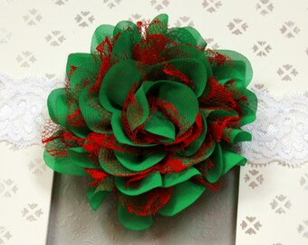 Lacy Red & Green Vintage Style Christmas Rose Headband  - Holiday Colored Flower Hair Bow for Babies, Toddlers, and Little Girls