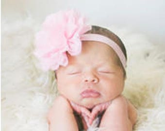 Plush Pink Chiffon Puff Baby Girl Headband - Newborn Baby Girl Gift - Photo Session Hair Bow