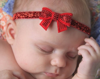 Sparkly Red Christmas Bow for Baby Girl - Tiny Baby Hair Bow Headband