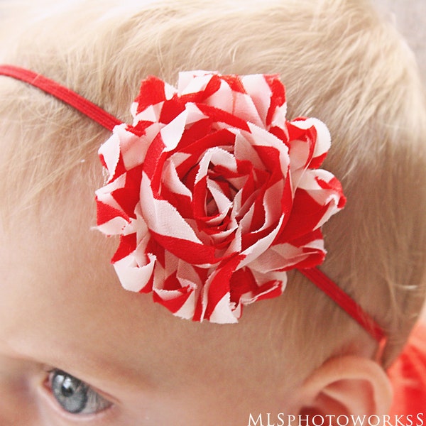 Peppermint Striped Flower Headband - Little Christmas Flower Hair Bow for Babies, Toddlers, and Girls