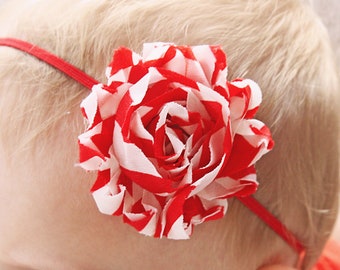 Peppermint Striped Flower Headband - Little Christmas Flower Hair Bow for Babies, Toddlers, and Girls