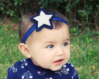 Navy Blue and Silver Star Headband for Babies, Toddlers, Girls - Sparkly Silver & Navy Christmas Star Hair Bow