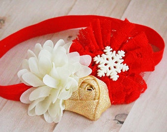 Snowflake Sweetheart Holiday Headband - Baby Girl Christmas Bow in Ivory, Red, and Gold - Girls Christmas Headbands