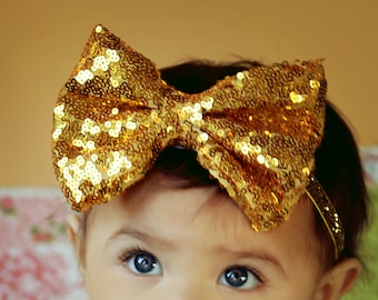 Gorgeous Sparkly Gold Hair Bow Headband - Over-the-top Glittering Sequin Bow in Gold - Available on Headband or Clip