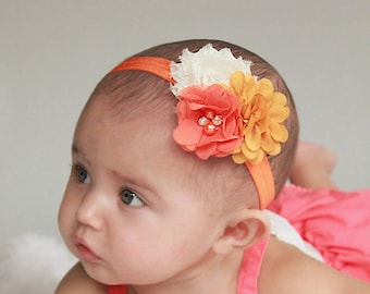 Pumpkin Crème Headband - Baby Girl Autumn Hair Bow with Ivory, Pumpkin, and Mustard Yellow Flowers