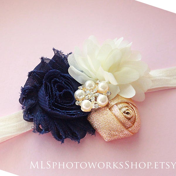 Navy, Gold, and Ivory Baby Girl Headband - Fall and Winter Hair Bows for Babies, Toddlers, and Girls with Navy Blue and Gold