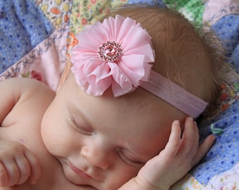 Petal Pink Chiffon Newborn Headband - Baby Girl Pink Flower Bow