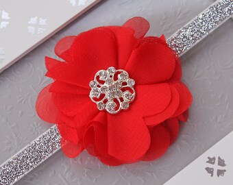 Christas Red Chiffon Girl's Headband - Red & Silver Holiday Hair Bow for Newborns, Toddlers, and Girls - Baby Girl Christmas Headbands