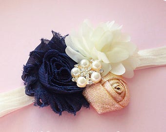 Navy, Gold, and Ivory Baby Girl Headband - Fall and Winter Hair Bows for Babies, Toddlers, and Girls with Navy Blue and Gold