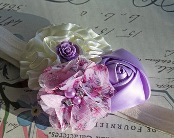 Lavender and Ivory Baby Girl Headband - Sweet Floral Hair Bow for Easter and Spring