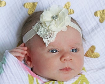 Ivory & Lace Baby Girl Headband - Christening Newborn Bow - Available in White and Ivory