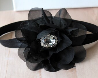 Chic Black Flower Blossom Baby Girl Headband - Sheer Black Hair Bow for Babies, Toddlers, Girls