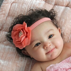 Coral Dress Flower Headband - Adorable Soft Coral Chiffon Baby Headband - Coral Wedding Dress Flower