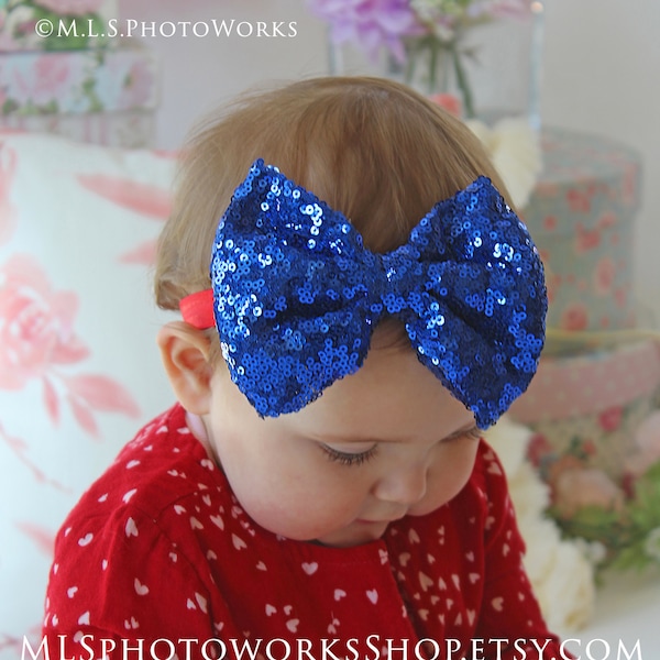 Royal Blue Celebration Hair Bow - Big Sparkly Girls Headband - Parade Hair Bows