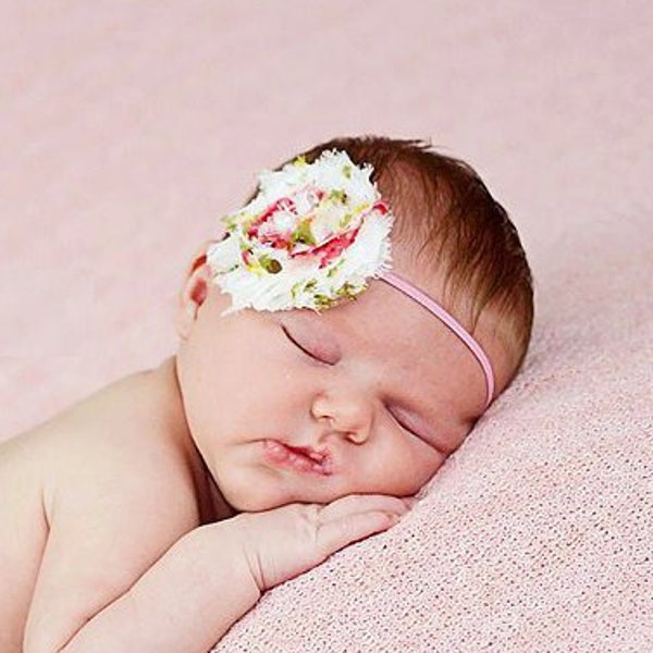 Pink & White Rose Patterned Shabby Chic Baby Flower Headband