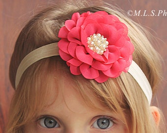 Bright Fuchsia Pink & Ivory Baby Girl Headband - Soft Chiffon Flower Blossom Hair Bow with Gorgeous Pearl Cluster Center - Girls Headbands