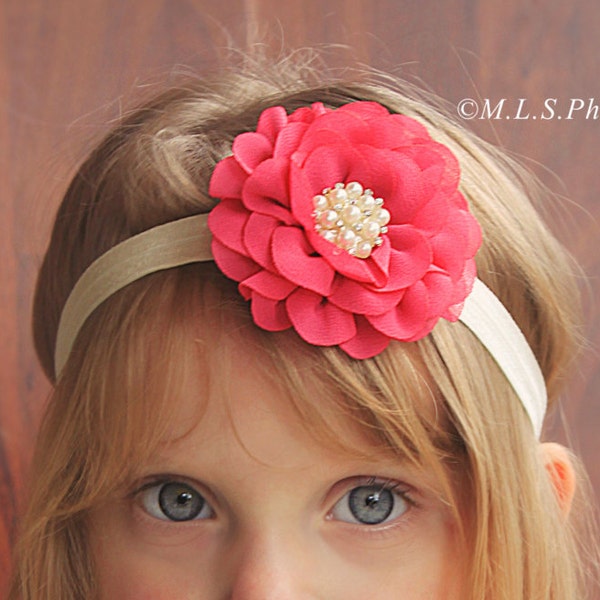 Bright Fuchsia Pink & Ivory Baby Girl Headband - Soft Chiffon Flower Blossom Hair Bow with Gorgeous Pearl Cluster Center - Girls Headbands