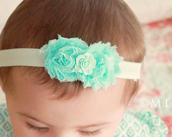 Petite Minty Baby Girl Shabby Chic Rose Headband - Newborn Mint Green Hair Bows - Girls Light Green Double Flower Headbands