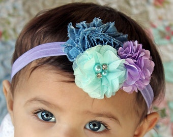 Bandeau bébé fille lavande, turquoise et fleurs denim - Noeud de cheveux doux printanier en pastels pour nouveau-nés, tout-petits et filles - Disponible avec pince