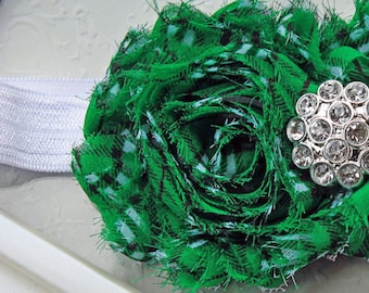 St. Patrick's Day Green Plaid Headband - Irish Baby Girl FlowerHair Bow - Deep Green, White and Black Plaid Scotch-Irish Girls Headband