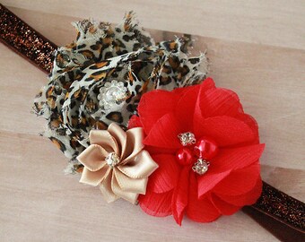 Bold Red & Leopard Print Baby Girl Headband - Red Leopard Flower Hair Bow for Newborns, Babies and Little Girls