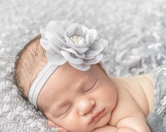 Stormy Gray Baby Girl Flower Headband - Graphite Grey Chiffon Hair Bow for Babies, Toddlers and Little Girls