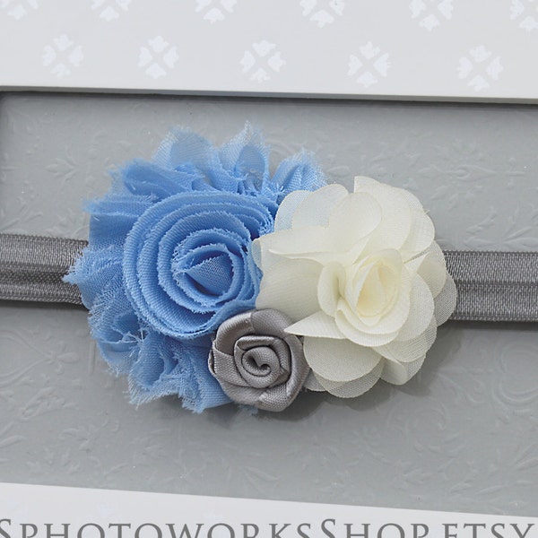 Light Blue & Creamy Ivory with Gray Flower Headband  - Soft Chiffon Headband for Babies, Toddlers and Girls