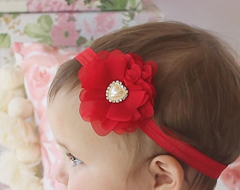 Baby Sweetheart Headband for Newborns, Toddlers, Girls - Soft Light Chiffon Flower Hairbow with Heart Charm