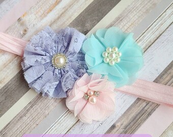 Aqua Rose baby gift set Pink Lavender and Aqua Gown with bow headband
