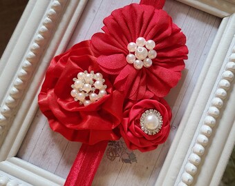 Christmas Roses & Pearls Red Baby Girl Headband - Girl's Red Flowers Holiday Bows