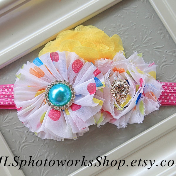 The Pink Rainbow Polka Dot Headband - Little Girl's Brightly Colored Birthday Hair Bow - Rainbow Polka Dots, Hot Pink & Yellow Headband