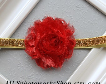Simple Red & Gold Sparkle Christmas Headband - Baby Girl Holiday Hair Bow in Glittery Gold and Red - Available on Headband or Hair Clip