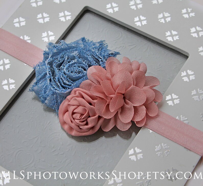 Blush Pink & Light Denim Baby Girl Headband Soft Spring Hair Bow in Blue Denim and Pale Pink for Babies, Toddlers, Girls image 2