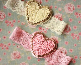 Gold Trimmed Soft Lace Heart Headbands in Ivory and Light Pink - Vintage Style Baby Girl Heart Hair Bows