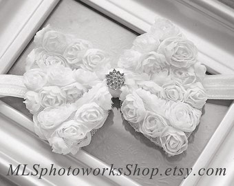 Pure White Rosette Hair Bow with Sparkling Rhinestone - Available on a Hair Clip or Head - Wedding Flower Girl Headbandband