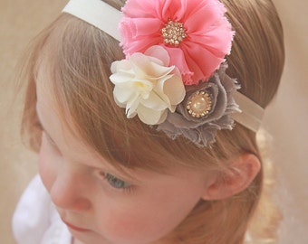 Triple Chiffon Flower Headband in Ivory, Gray and Coral Pink - Soft Summery Blend Hair Bow for Babies, Toddlers and Girls