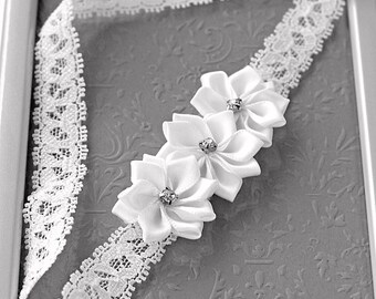 Tiny Satin Flower & Lace Baptism Headband - White Lace Newborn Headband