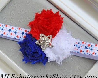 Red, White & Blue Star Headband - Baby Girl 4th of July Hair Bow with Mini Shabby Flowers and Star Rhinestone