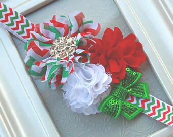 Chevron Christmas Headband for Baby Girl Holiday Outfit - Baby Christmas Hair Bow in Red, White and Green with Trendy Chevron Pattern
